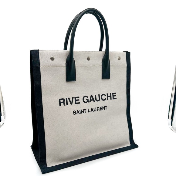 Saint Laurent Rive Gauche North South Linen and Leather Tote White Black Bag - Picture 2 of 13